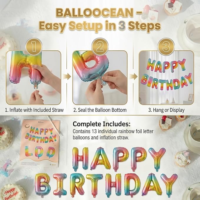 Rainbow Happy Birthday Banner Foil Letter Balloon, 14 Inch 3D Colorful - Image 3