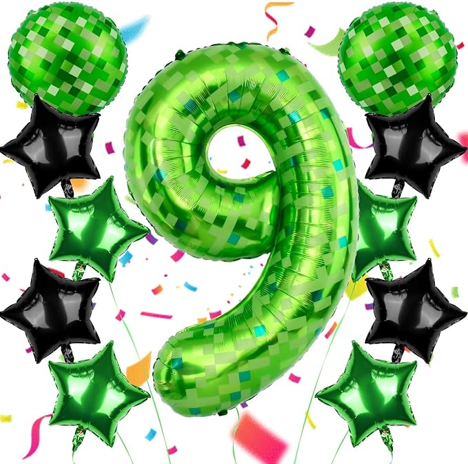 40 Inch Green Pixel Themed Number 9 Balloon Set Foil Balloon by AXBMM