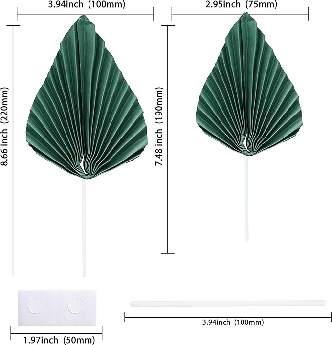 Ephlyn 6Pcs Paper Palm Fan Cake Topper Palm Leaf Fan Cake Pick Decoration for DIY Cake Bakeware Baby Shower Wedding Bridal Shower Birthday Anniversary Party Cake Decorations Green