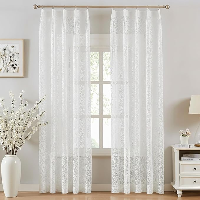 Bujasso White Lace Pinch Pleat Curtains 90 inch, Vintage Floral Sheer Drapes by Bujasso