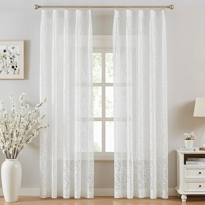 Bujasso White Lace Pinch Pleat Curtains 96 inch, Vintage Floral Sheer Drapes by Bujasso