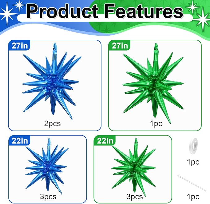 9Pcs Navy Blue and Green Star Balloons, Large Explosion Foil Balloons, Metallic - Image 2