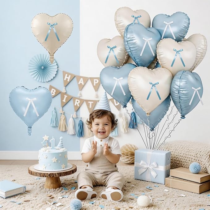 Blue White Heart Balloons with Ribbon Bow, 18 Inch Helium Balloon with Bow - Image 5