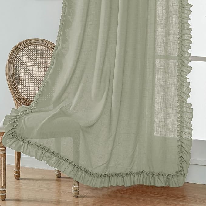 Light Sage Green Linen Ruffled Curtains - Image 5