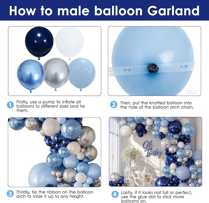 Blue White Silver Balloons Arch Kit, Party Dcoration | Navy/Light/Dark Pearl - Image 3