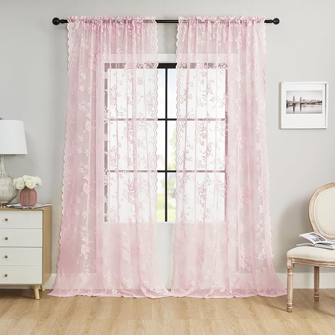 Soft Pink Lace Sheer Curtains 54 Inch Length 2 Panels Rod Pocket Big Rose - Image 2