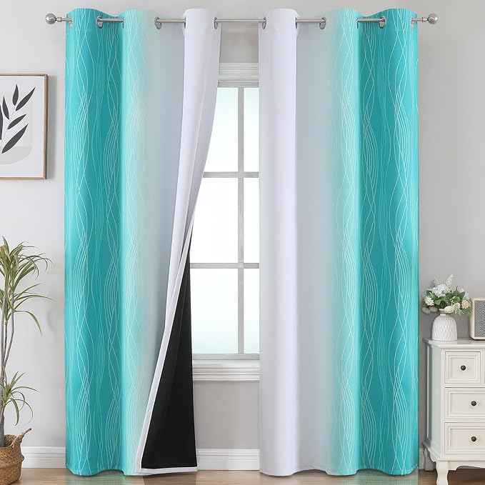 Teal and Greyish White Room Darkening Blackout Curtains 84 Inches Long by ESTELARTEXTILER
