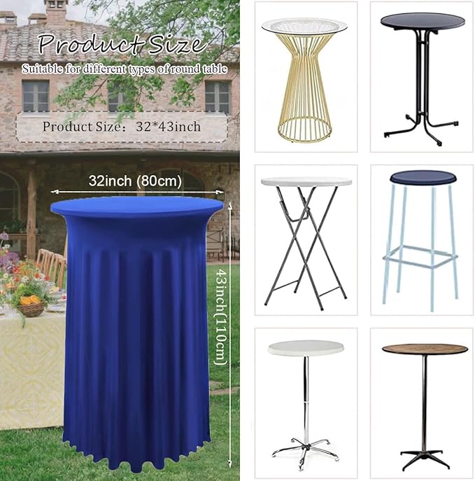 Albassa 2 Pack Cocktail Table Covers 32"x 43" Spandex Stretch Round Cocktail Tablecloths with Wavy Drapes Fitted High Top Bar Table Skirt for Wedding Party Banquet (Royal Blue, 2 PCS)