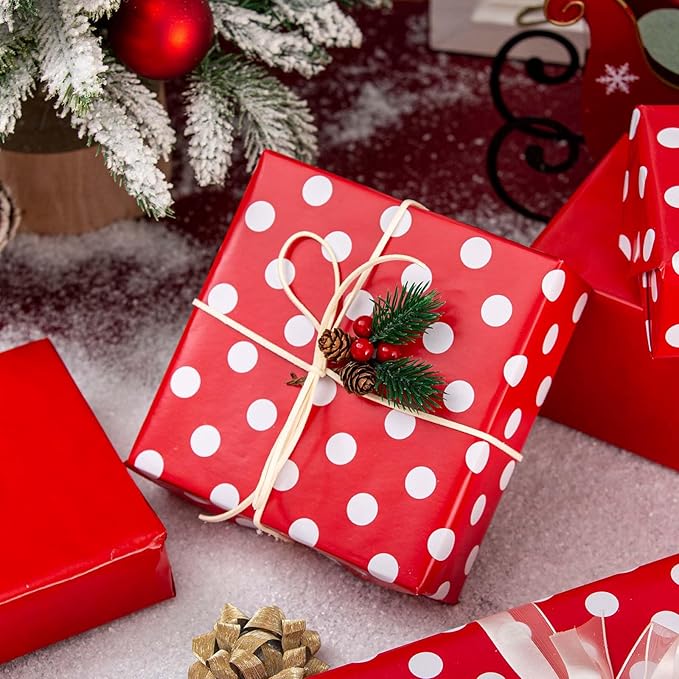 Burymento Red and White Dots Wrapping Paper, Reversible Pink Gift Wrap for Birthday, Valentines, Mothers day, Graduation, Wedding, Fathers day, Baby Shower, Christmas (17in x 32.8ft)