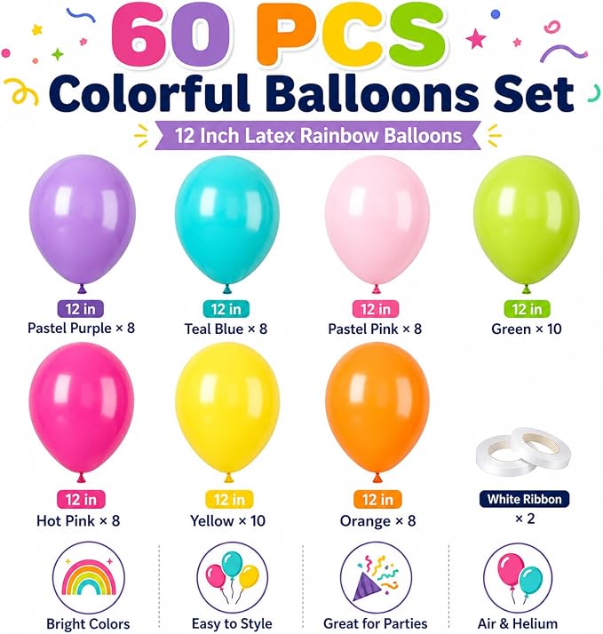 Rainbow Balloons, Hot Pink, Teal Blue, Kids Birthday Luau Beach Summer Pool - Image 2
