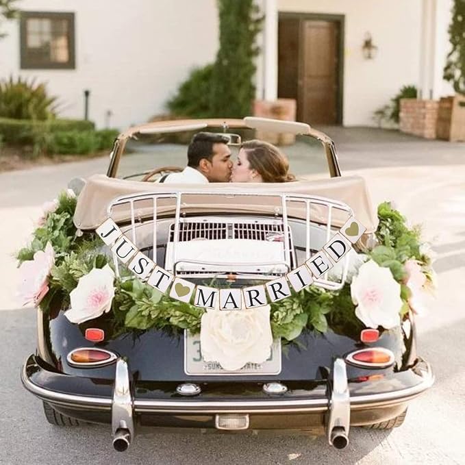 GuassLee JUST Married Banner Car Decorations, Photo Props and Car Decorations - Image 5