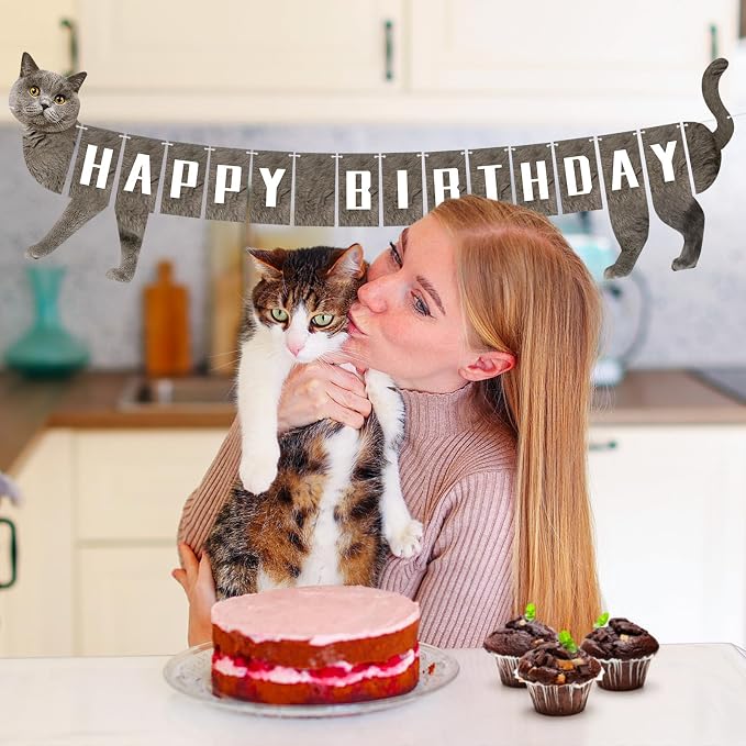 Cat Happy Birthday Banner Grey Cats Theme Party Decorations Cat Banner Bunting - Image 3