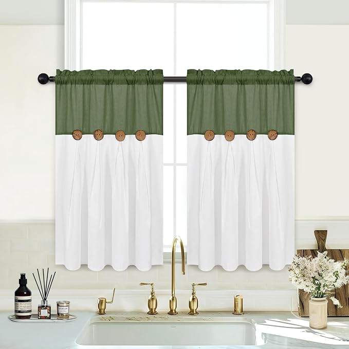 Farmhosue Kitchen Curtains 36 Inch Length, Rustic Cotton Linen Tier Curtains by FRAMICS