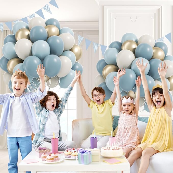 60pcs Dusty Blue Balloons with 12inch Sand White Metallic Gold Balloons | - Image 5