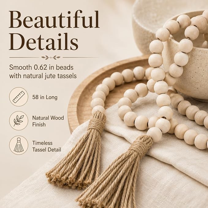 58in Wood Bead Garland Tassels, Farmhouse Tiered Tray Decor | Natural wood beads - Image 9