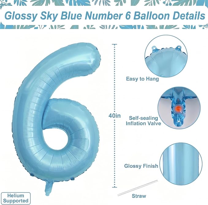 Pearlescent Blue Number 6 Balloon 40 Inch, Large Light Blue Mylar Foil Balloon - Image 4
