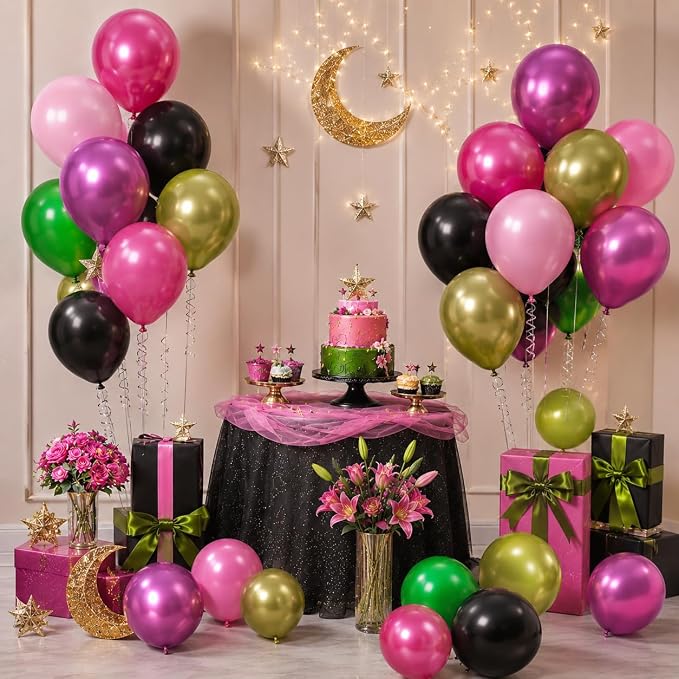 60PCS Black Pink Green Balloons, Hot Pink Dark Light Green Black Latex Balloon - Image 3