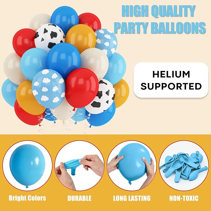 Red Blue Yellow Balloons 12inch Cow Print Sky Blue White Cloud Balloon - Image 7