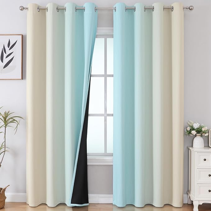 Beige and Aqua Ombre Blackout Curtains 90 Inch Length 2 Panels Set, Thermal - Image 2