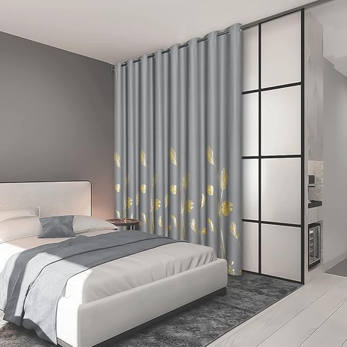 Grey Blackout Curtain for Dining Room 100W x 108L Inch Long Gold Palm Tree - Image 2