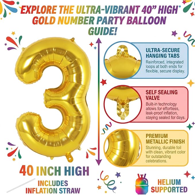 40 Inch Gold Number 3 Foil Balloon - Image 2