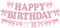 Glitter Pink Bow Happy Birthday Banner Pre-Strung Coquette Birthday Decorations by RICHHHA