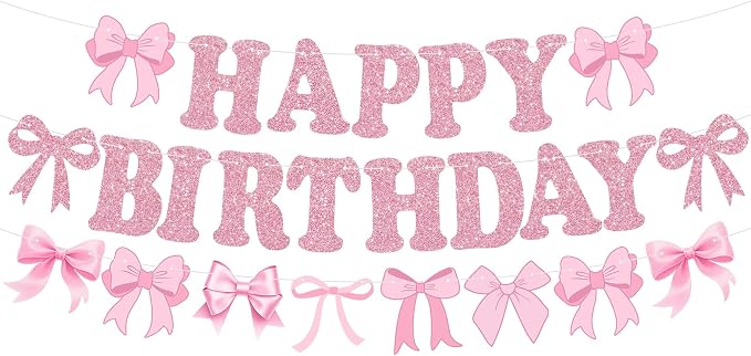 Glitter Pink Bow Happy Birthday Banner Pre-Strung Coquette Birthday Decorations by RICHHHA