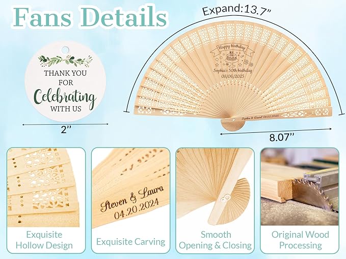 20Pcs Personalized Folding Hand Fans Custom Engraved Summer Wedding Fans,Personalized Wooden Fans Party Favor Bridal Shower Gifts for Guests
