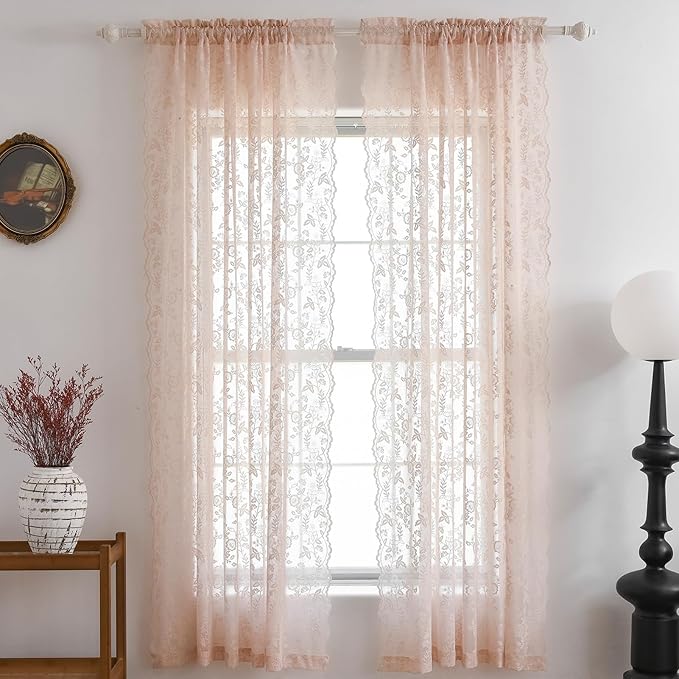 FINECITY Blush Pink Lace Curtains Rustic Leaf Floral 42 x 84 Inch, 2 Panels | - Image 8