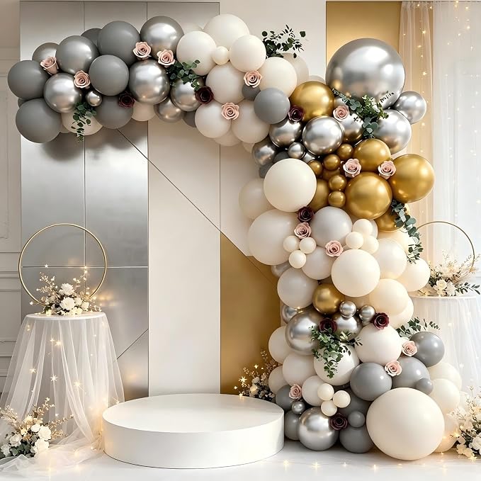 143Pcs Sand White Grey Metallic Silver Gold Balloon Garland Arch Kit | Latex - Image 6