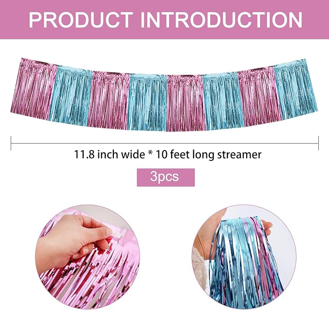 BEISHIDA Pink Blue Fringe Garland Banner 30ft Wall Tinsel Foil Streamers | 3Pack - Image 2