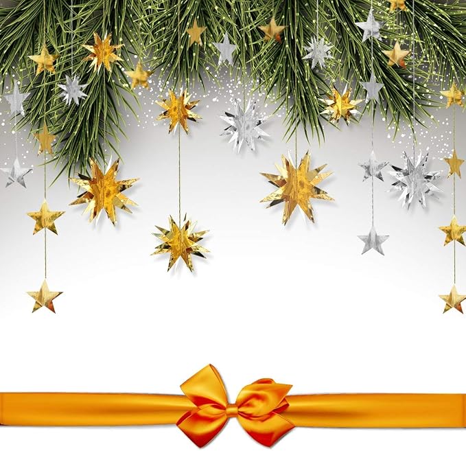 pinkblume Silver Star Garland Party Decorations Kit 3D Stars Metallic Bunting - Image 5