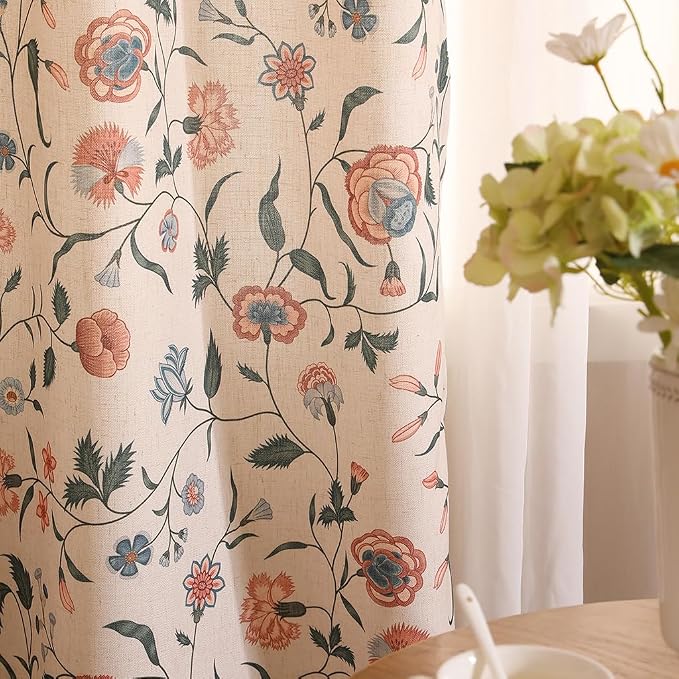 Designer French Linen Printed Curtains, 2 Panels, Floral Pattern Draps by Isaennehomedecoration