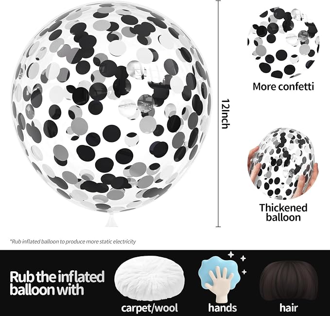 VHUWE Black Silver Confetti Balloons 25 Pcs, 12 Inch Thickened Clear Latex - Image 2