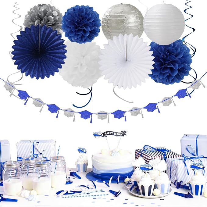 Navy-Blue White Silver Graduation Party-Decorations Garland - Image 4