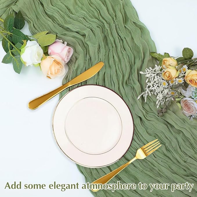 10 Pack Olive Green Cheesecloth Table Runner -21*120Inch Long Boho Wedding Table Decor, Rustic Gauze Fabric Runner for Bridal Showers, Baby Showers & Parties (Sheer, Lightweight, Wrinkled Design)