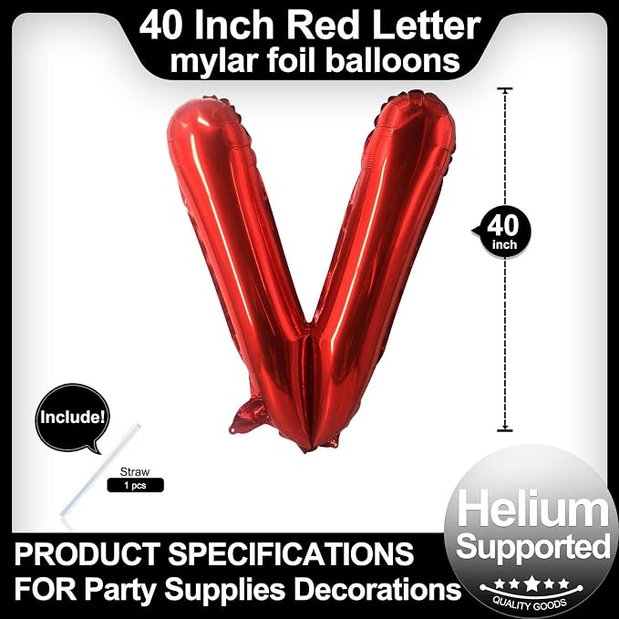 40 Inch Red Letter V Balloons, DIY Phrase Foil Alphabet Letter V Balloons DIY - Image 2
