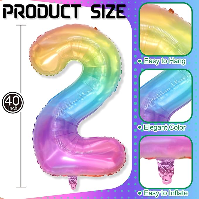 40'' 2 Balloon Number, Large Rainbow Foil Number 2 Balloons Birthday Party Decor - Image 2