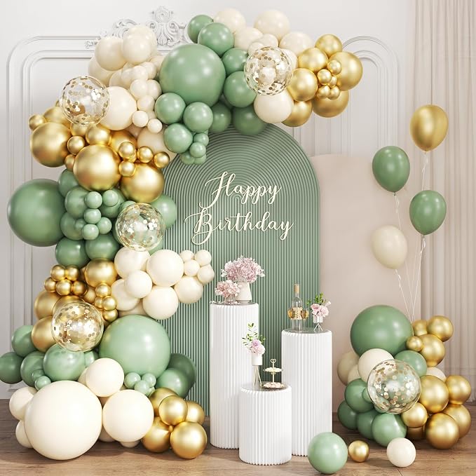 Sage Green White Gold Balloon Garland Arch Kit by Unknown