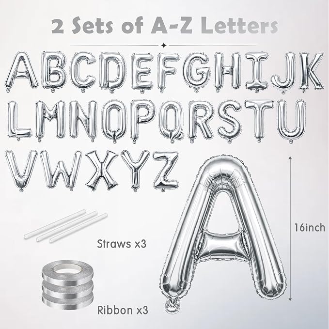 52 Pcs Silver Letter Balloons 16 Inch Mylar Foil Alphabet Letters 2 Sets A- Z - Image 2