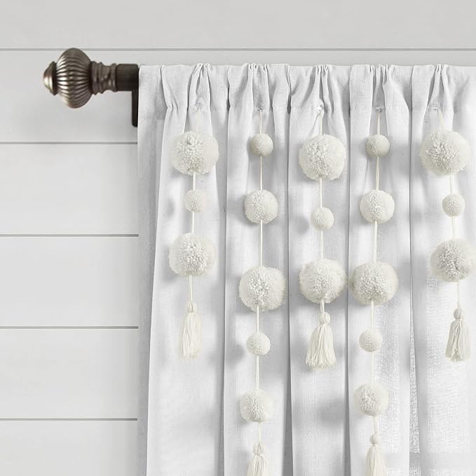 Lush Decor Boho Pom Pom Tassel Linen Textured Window Curtain Panel, Single 52" - Image 2