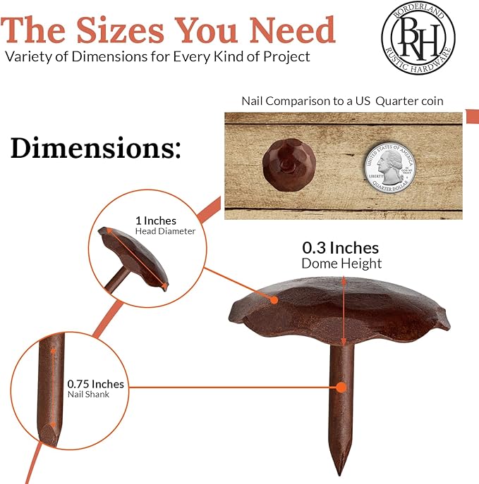 10 Pack 1" Small Round Head Iron Clavos Decorative Nails – Sealed Rusted – Handmade Rustic Round Fasteners for Farmhouse Shutter, Faux Wood, Barn Door, Shutters, and Gates – Ornamental Wood Accent