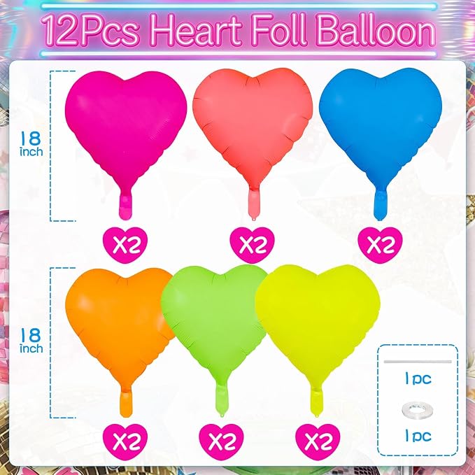 Neon Heart Balloons, 18 Inch Rainbow Heart Shape Foil Balloon - Image 2