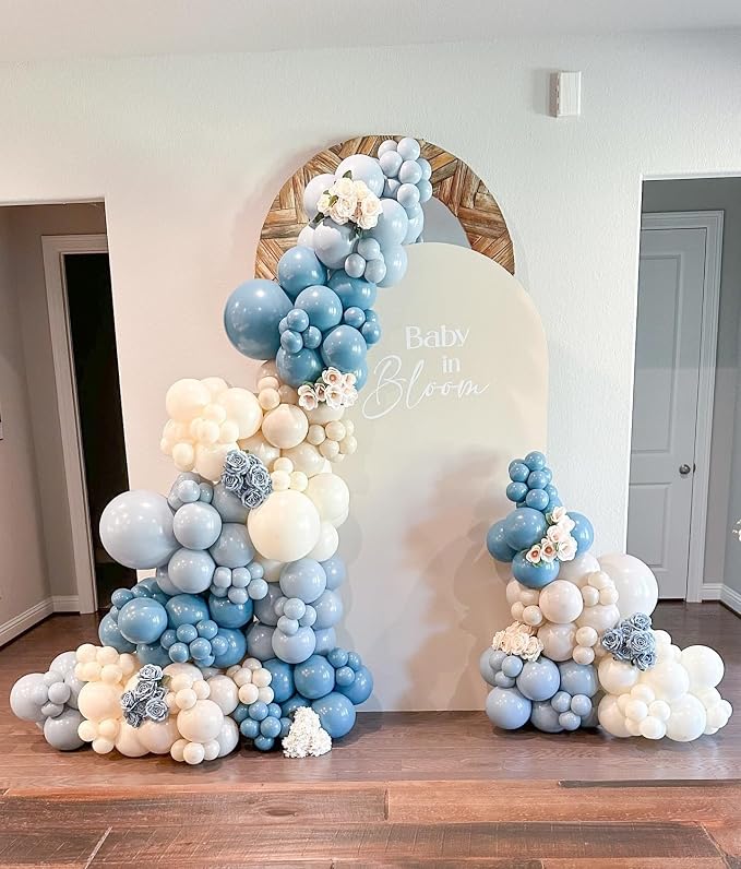 Dusty Blue White Sand Balloon Arch Garland Kit 141pcs Slate Fog Baby Blue Sand - Image 5