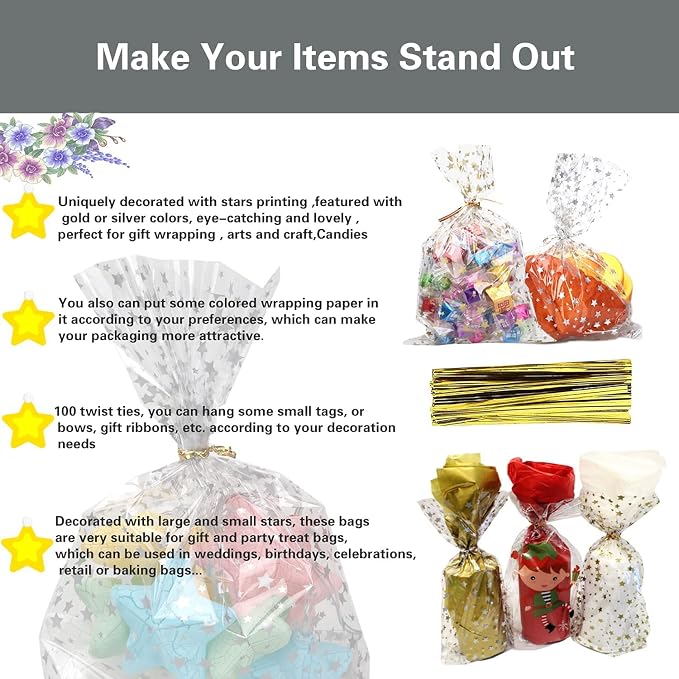 COQOFA 200 Pcs Star Printed 5"X7" Gift Wrap Cello Cellophane Clear Candy Cookie - Image 4