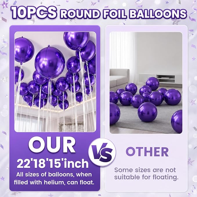 10Pcs Purple Round Foil Balloons, Metallic Purple Foil Baloon - Image 4