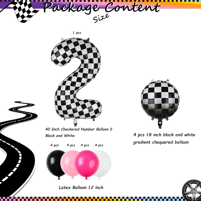 Race Car Balloon Bundle Pink Black 40 Inch Checkered Number Balloon 2 | Black - Image 2