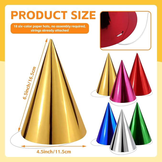 WEOXPR Pre-Assembled Metallic Party Hats Bulk Colorful Cone Hat - Image 3