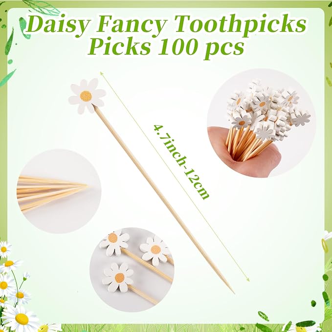 Spring Daisy Cocktail Picks 100 pcs Floral Decorative Toothpicks - Image 4