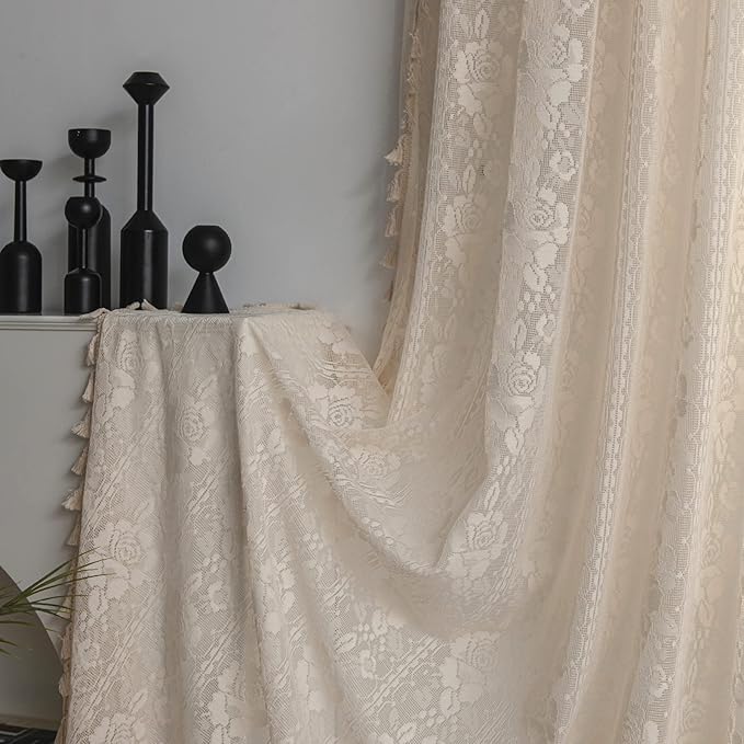 Sutuo Home Crochet Boho Curtains Rose Florals Embroidery, Sheer Lace Handmade - Image 4